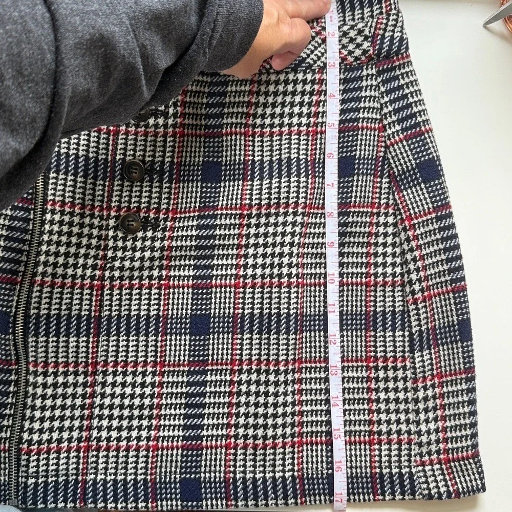 TOPSHOP Plaid A-Line Mini Skirt Womens Size 10 Brown Black Red Zip Button - Picture 8 of 8